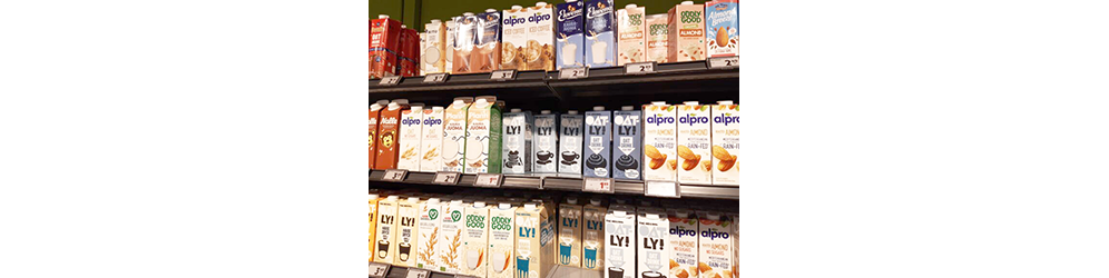 shelf full of milk cartons